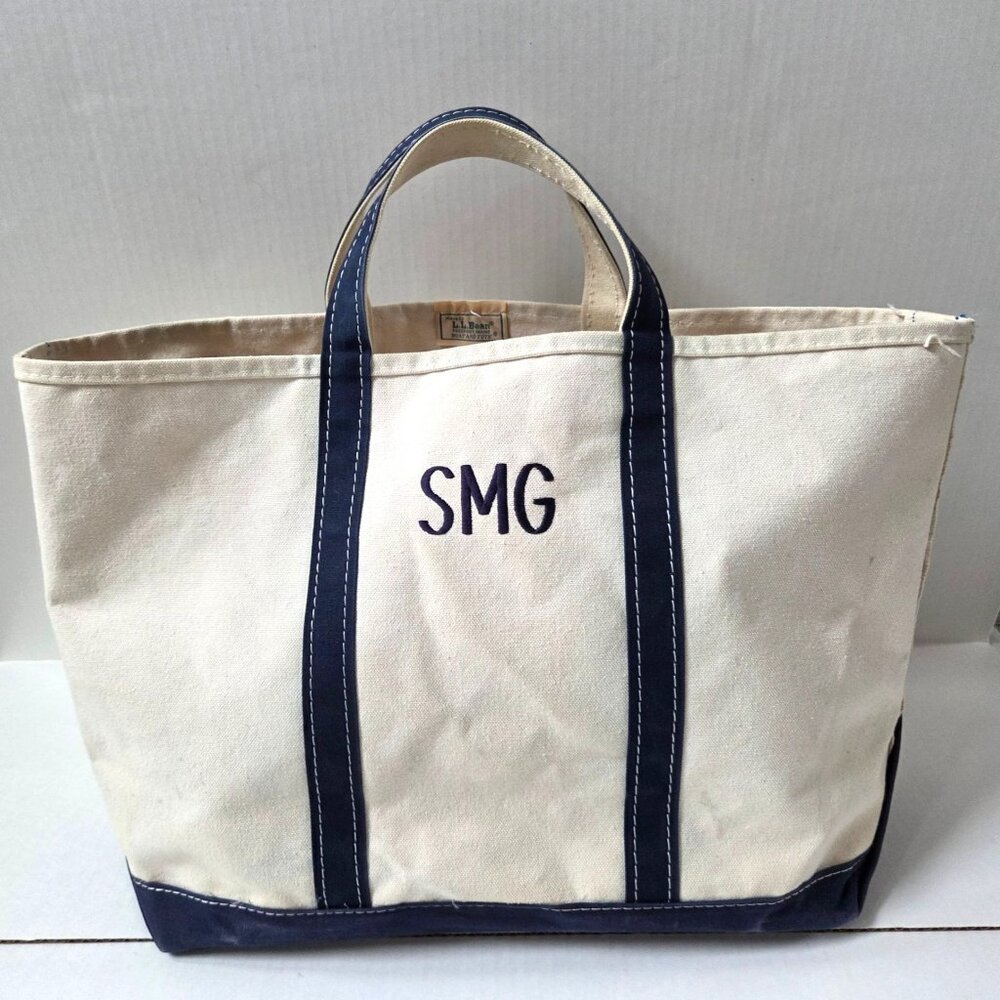 Vintage LL Bean Boat & Tote Large Blue Canvas Bag SMG Monogram 80s Freeport ME
